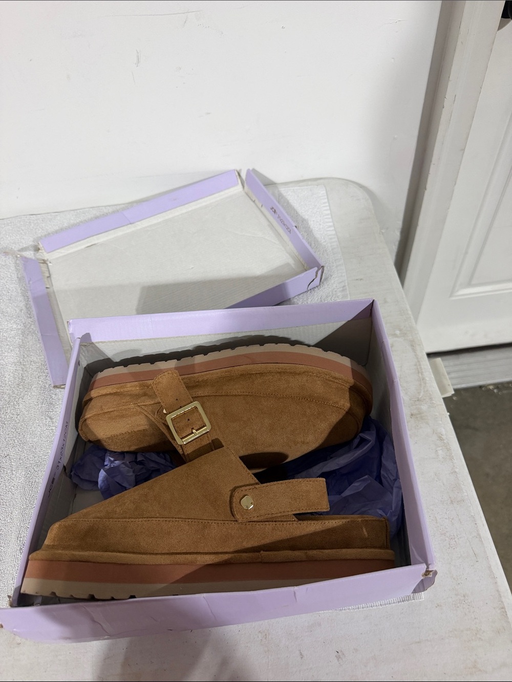 Madden Girl Tan Suede Buckle Platform Mules